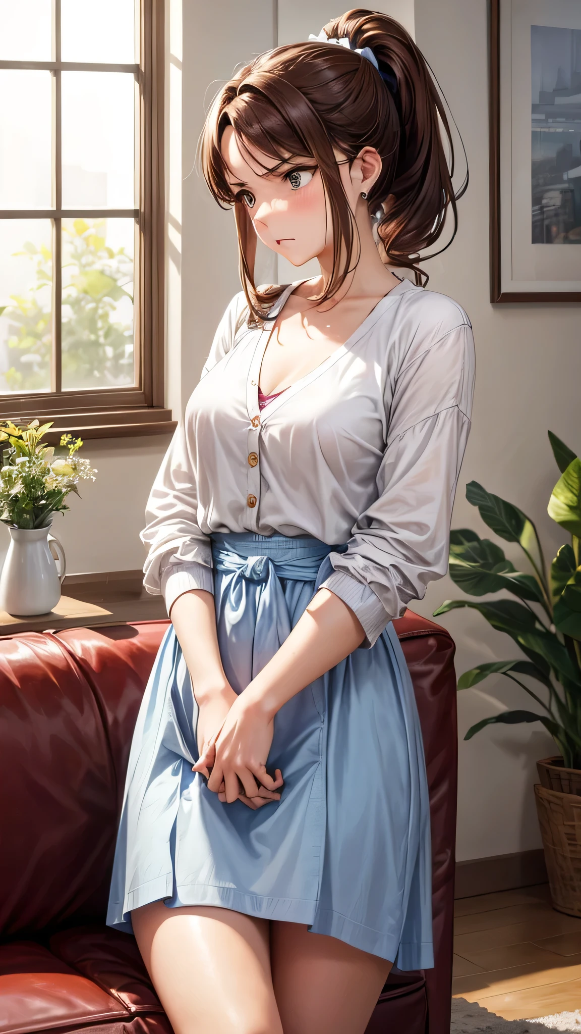 A woman with brown hair and a ponytail, wearing a light blue dress, covered with a white cardigan, with a cute angry face and hands on her hips, was sitting on the living room sofa.