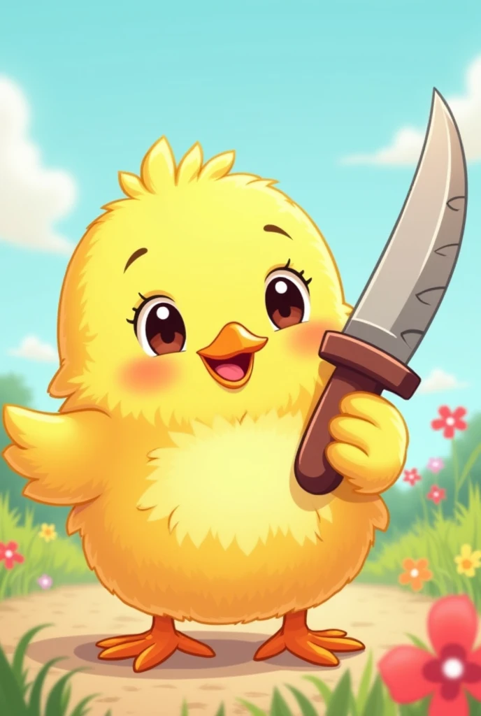 Cute yellow killer chick with fluffy rounded cartoon knife