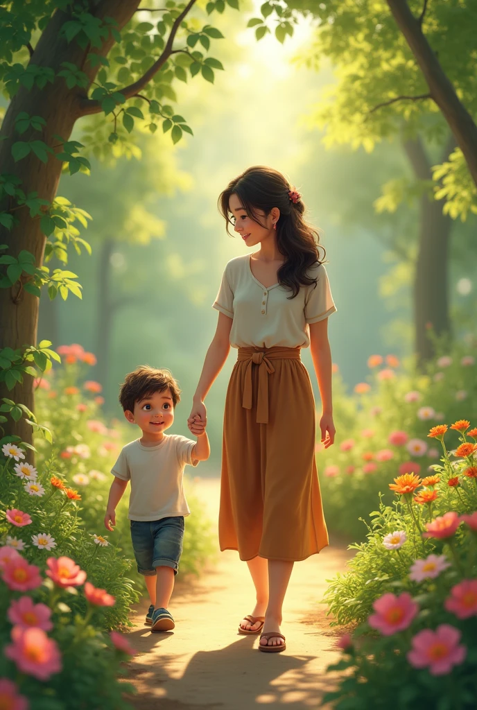 Mother and son walking in the garden (Father's Day)