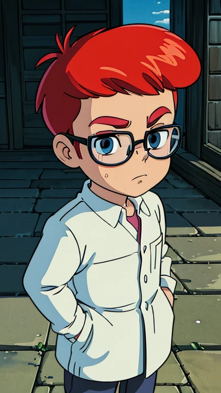 (1boy, child, dexter), (extremely detailed CG unit 8k wallpaper),(master part), (best quality), (ultra detail), (best illustration),(ghibli style), cowboy shot, (Sharp eyeliner, ombre, detail eyes:1), city park, laboratory , break , (GHIBLI_Background), upper body, red hair, white labcoat, standing,  glasses ,black pant