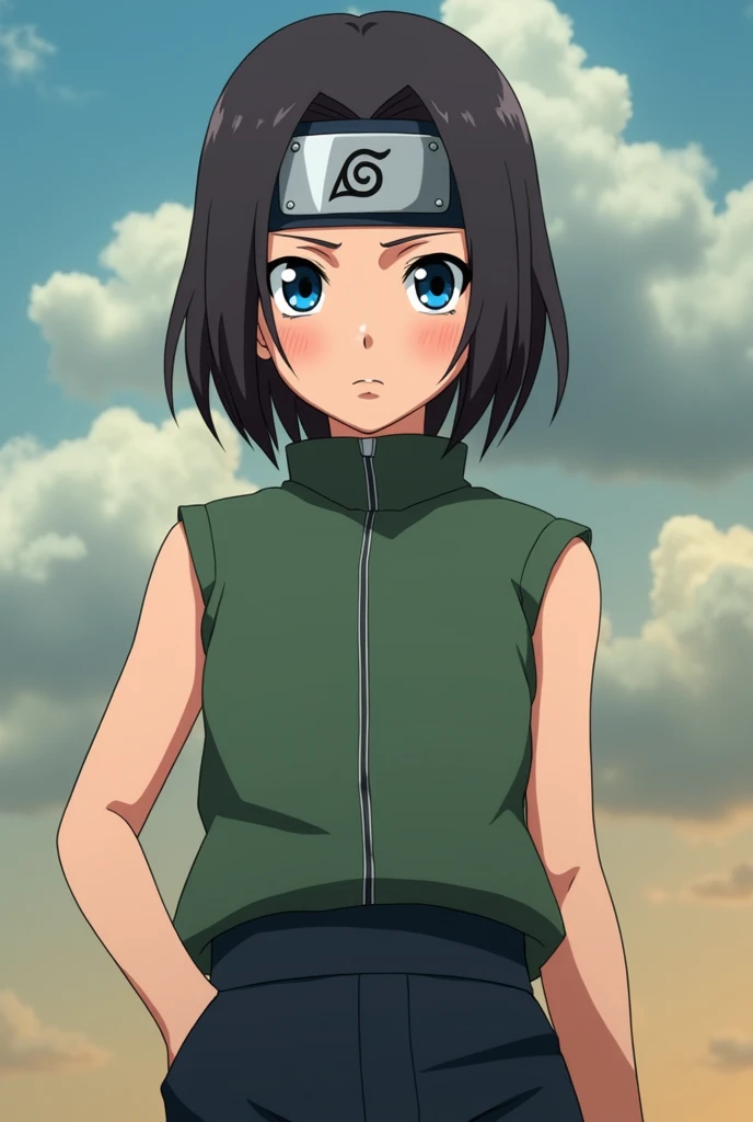 1 (style animé NARUTO, ressemble meilleur qualité, cheveux brains foncé ,sans Repousse, régulier, lâché. l'air de réfléchir (style dessin animé Naruto). Protection métallique au front. Vêtements du ninja Sanada, pantalon noir foncé,T-shirt sans manche couleur vert (dessin style animé NARUTO, chef d'oeuvre) très très bonne qualité de l'image, yeux couleur bleu. regarde le spectateur. Teint clair