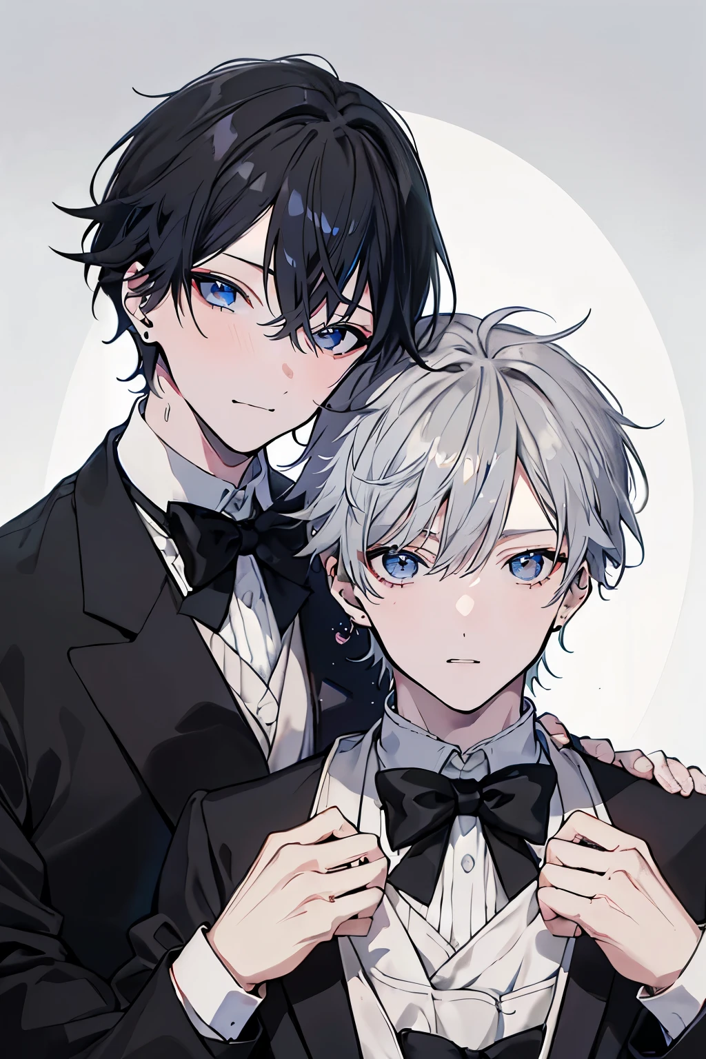 (Mastepiece)、(Best Quality)、Very detailed、((Two butlers:1.5))、Perfect Face、Beautiful Face、Very detailedな顔、(Black-haired man:1.3)、(Grey-haired man:1.3)、Deacon's uniform、(monocle:1.3)、(White gloves:1.3)、Smiling face