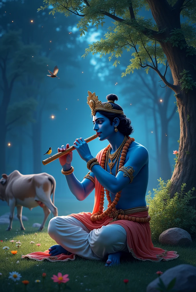 Lord shree Kirshana flute sitting in gardern in night time with a cows and birds