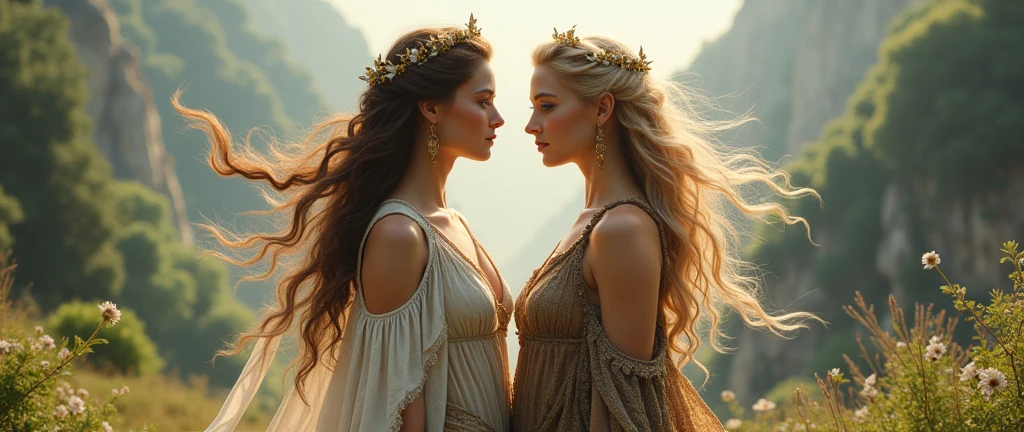 とても美しい二人の処女神のwhole body画像, Brown-haired Artemis in Greek costume, Blonde Freyja in Nordic costume, whole body