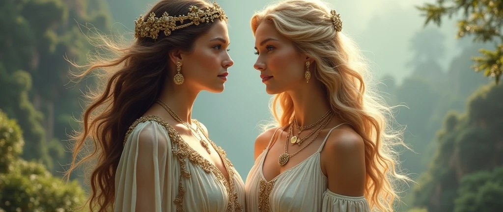 とても美しい二人の処女神のwhole body画像, Brown-haired Artemis in Greek costume, Blonde Freyja in Nordic costume, whole body