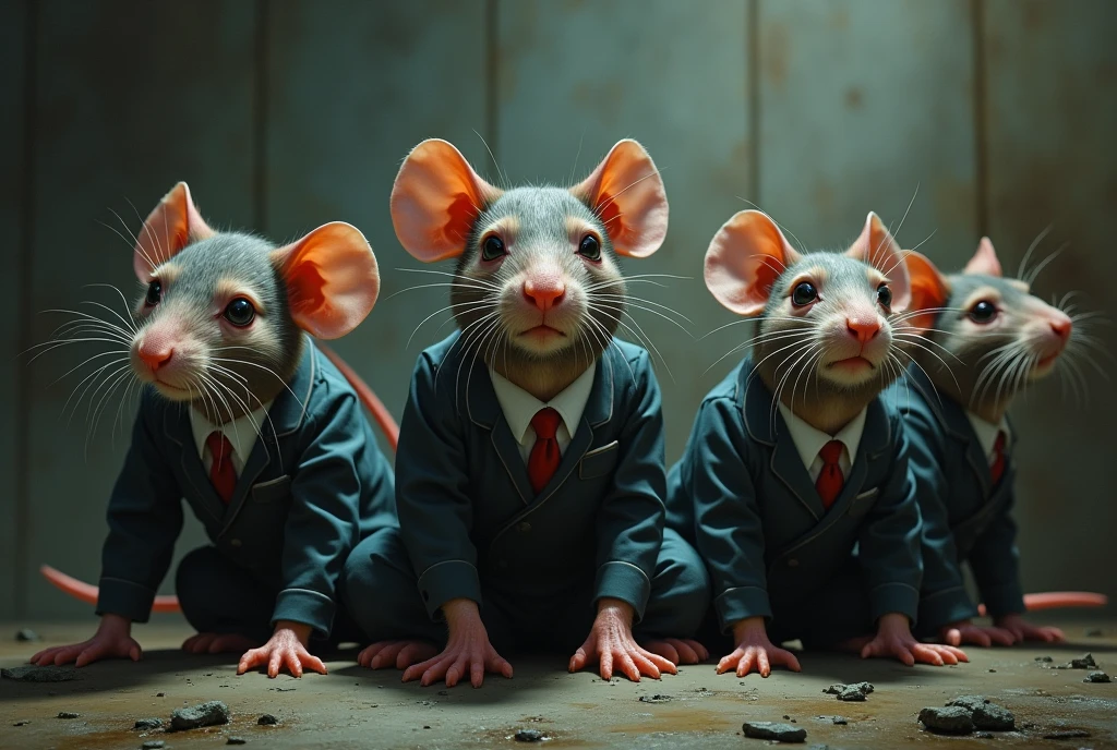 Several rats trapped working on a work routine, with a work outfit, sobbing