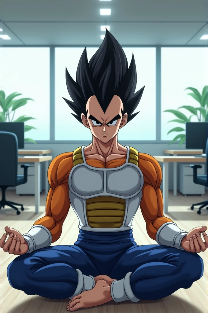 Vegeta from Dragon Ball Super with short dark curly hair, meditating in an office