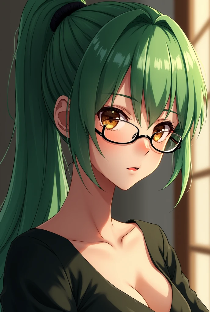 1girl, ((Zenin Maki from Jujutsu Kaisen)), elegant erotic beautiful girl, ((long green hair with pony tail and straight bangs)), detailed face portrait, (glasses), maxi dress, adultery, indecent, vulgar, (best quality,4k,8k,highres,masterpiece:1.2),ultra-detailed,(realistic,photorealistic,photo-realistic:1.37),intricate details, delicate facial features, beautiful amber eyes, ulzzang, long eyelashes, small nose, full lips, porcelain skin, natural lighting, warm color palette, chiaroscuro lighting, dramatic shadows, sensual, alluring, mature themes, artistic, dreamlike, ethereal, sideboob, cleavage, looking at viewer, ulzzang, (amber eyes), (close up face portrait),
