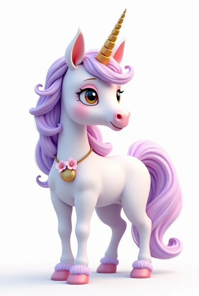 a white unicorn standing looking sideways, cute disney pixar style, cute face, the unicorn is on its side and standing looking sideways forward , showing all unicorn, loose, voluminous, flowing curly hair in lilac colors, Pink,yellow, Unripe, cerulean, rot, Unripe, hair and mane with all the colors of the rainbow, with a strong lilac predominating, em volta do cabelo pequenas flores Pinks com folhas Unripes, and also stars, Dedicated gold cord with delicate pendant around the neck, olhos Unripes e o unicornio cintila com alguns brilhos, female unicorn white background, flowing hair, very voluminous, gold tiara on delicate head white background and unicorn stands out from the background, the unicorn has sparkling sparkles in its hair, the unicorn's face is fuller, godinho opaque background png