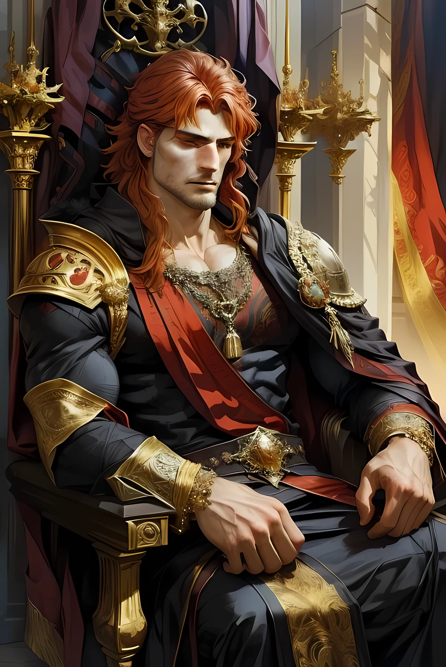 An alpha male with fiery red hair, cascading in untamed waves, sitting confidently on a grandiose king's throne. His broad, muscular shoulders and chiseled abs are bared to the world, a testament to his power and vitality. The throne itself is ancient and regal, adorned with intricate gold carvings and scarlet cushions that complement the man's fiery locks. His intense gaze is fixed straight ahead, filled with determination and a hint of defiance, as if daring any challenger to question his right to rule. The background is a blend of rich, crimson draperies and looming stone walls, emanating a sense of grandeur and history. The alpha man's posture is relaxed yet commanding, one hand resting on the throne's arm, the other loosely gripping a scepter, symbolizing his dominion. The lighting casts dramatic shadows, highlighting the sharp contours of his physique and the throne's opulent details. His attire is minimal, consisting of a fur-lined cloak draped over one shoulder and a pair of robust leather pants, emphasizing his raw power and connection to the natural world. Despite the absence of a shirt, a thick necklace of gleaming amber beads rests on his chest, a mark of his warrior status. The scene exudes a palpable aura of authority and primal masculinity, leaving the viewer with an indelible impression of a leader born to conquer and reign supreme.