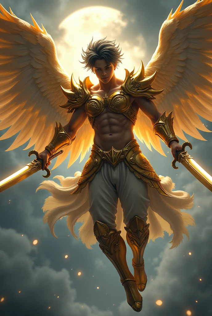 Boy Age 16 Wear a Golden Armor Sixpack,have 6 Wings,Comma Hair Hairstyle,Black gradient Grey Hair,Carrying 2 swords on the right is Scimitar and the Left is Katana,Flying at The sky,Illuminated by the moonlight at night