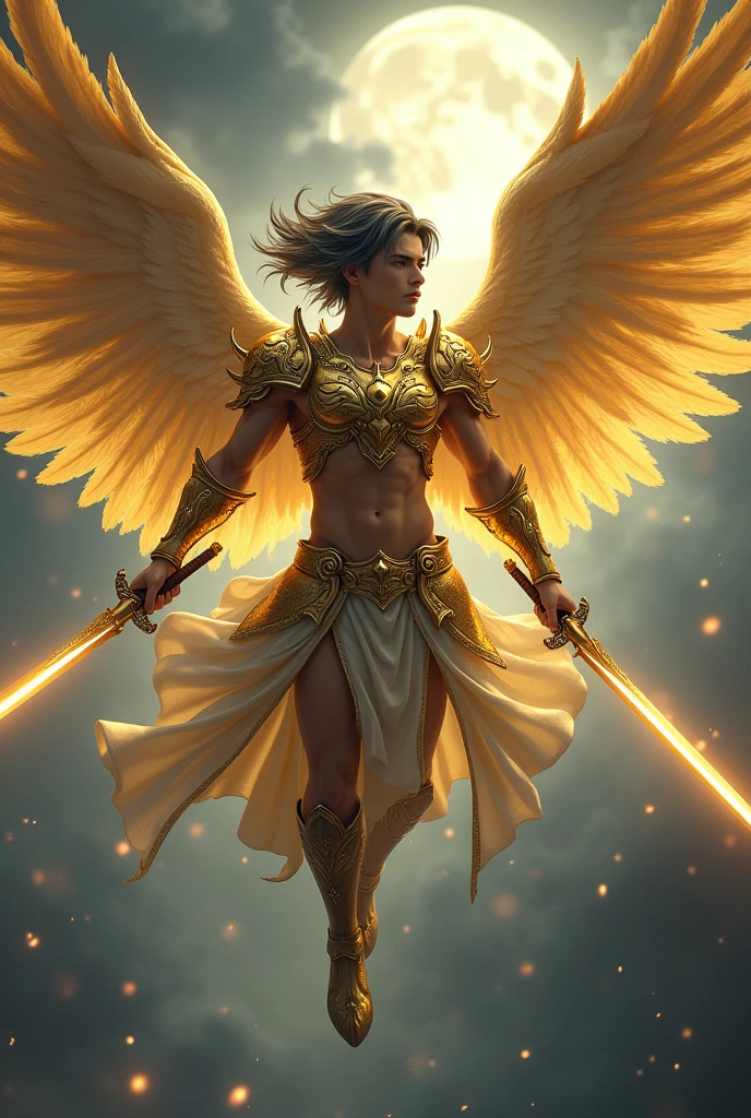 Boy Age 16 Wear a Golden Armor Sixpack,have 6 Wings,Comma Hair Hairstyle,Black gradient Grey Hair,Carrying 2 swords on the right is Scimitar and the Left is Katana,Flying at The sky,Illuminated by the moonlight at night