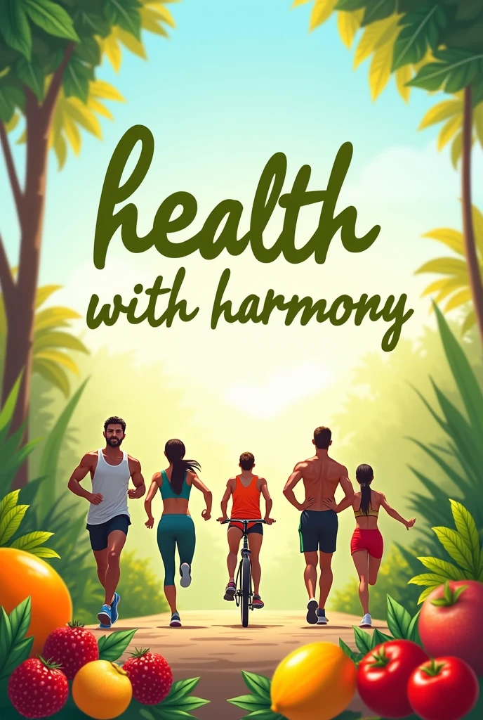 Create a cover image to be used on a page focused on weight loss and well-being. The image must be inviting and motivational, with a clear and vibrant background. Include elements such as people exercising outdoors, frutas frescas e coloridas, and a feeling of harmony and health. En el centro de la imagen, highlight a motivational phrase in Brazilian Portuguese, as &#39;Health with harmony&#39;, with a modern and legible typography. Use soft, natural colors, como verdes, blues and yellows, that transmit tranquility and positive energy. 


