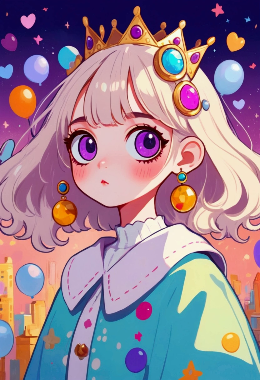 big eyes、cartoon girl with a crown on her head, Lo-Fi Girl, Anime atmosphere, rich and colorful illustration, cute cartoon, Lovely art style, rich and colorful! role conception, Hand drawn cartoon art style, "uwu prism people, Lofi art style, rich and colorfull illustration, Fantasy psychedelic anime, Retro anime girl, The art of math. rich and colorful comic, 2D Illustration
