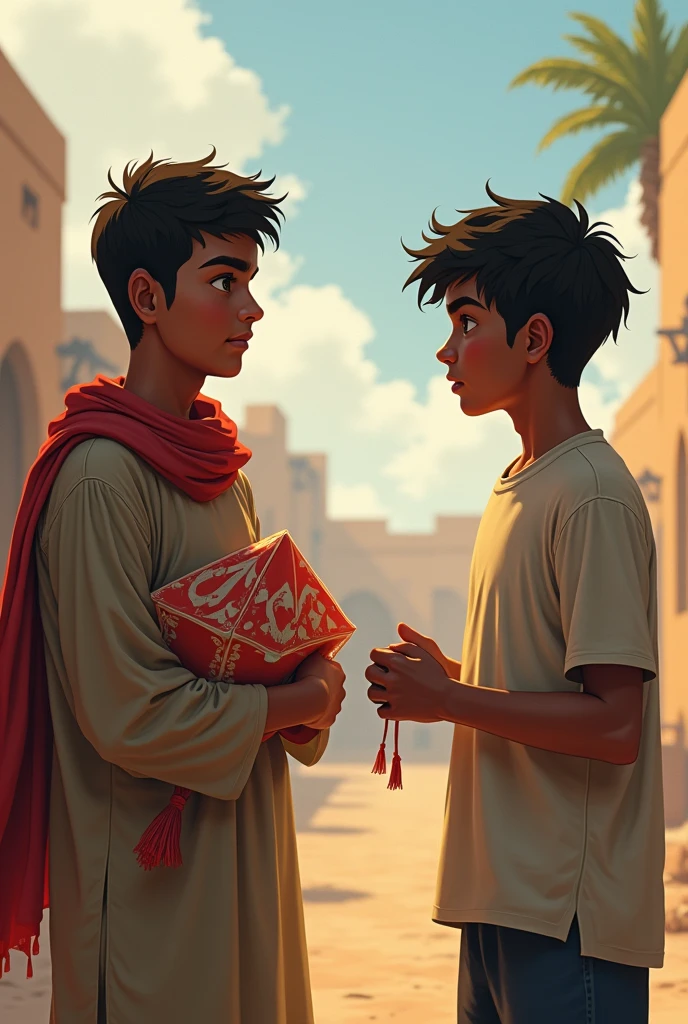 Prompt: Hassan stands firm, holding the kite close to his chest. He looks at Ali with a calm but firm expression, explaining that he made the kite himself and wants to keep it.