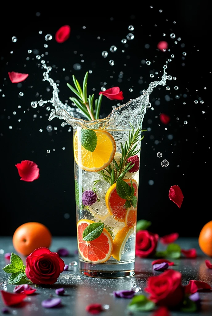 (Movie-like photos:1.3) of (Realistic:1.3) a studio shot of a (explode:0.2) (Low gravity of fruit:1.1) (Splash:0.9) A glass of water with lots of herbs, ミントとbasilとrosemary、Contains lemon and lime, Splash Image, Full Color, In Kamba, splashes of liquid, Drink, Mint and basil and flower, Next to lemon and lime and flower, Strong colors, ticker, Invoking joy, Water swirls, Fred Marcellin, Top selection when splash is removed, professional food photography, Artistic photography. Black background,Red and purple flowers on the table、basil、rosemary、Herbs fly、Sparkling ice in a glass,Ice in a glass、Flowers in a glass,Fantasy,steampunk、A retro clock is beside it,The ice is round、Rose petals fluttering