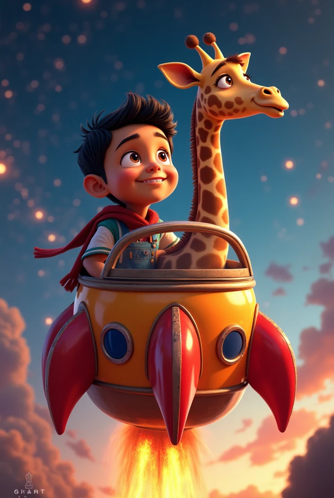 Latino boy flying into space in a rocket with his giraffe, Pixar style drawing