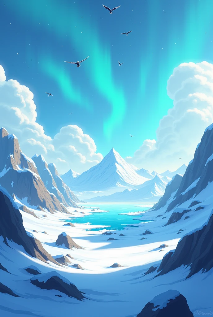 a background for an application called "climate heroes". This background is a menu background where in mrnu there will be clickable squares that will take you to another screen.. The first fund, that was to work on planet earth, It was all blue with some changes on top. Create a background for the second world which will be the Arctic Pole A background of width 360 and height 800 in landscape. It's a game for children, the background has to be in 2D.