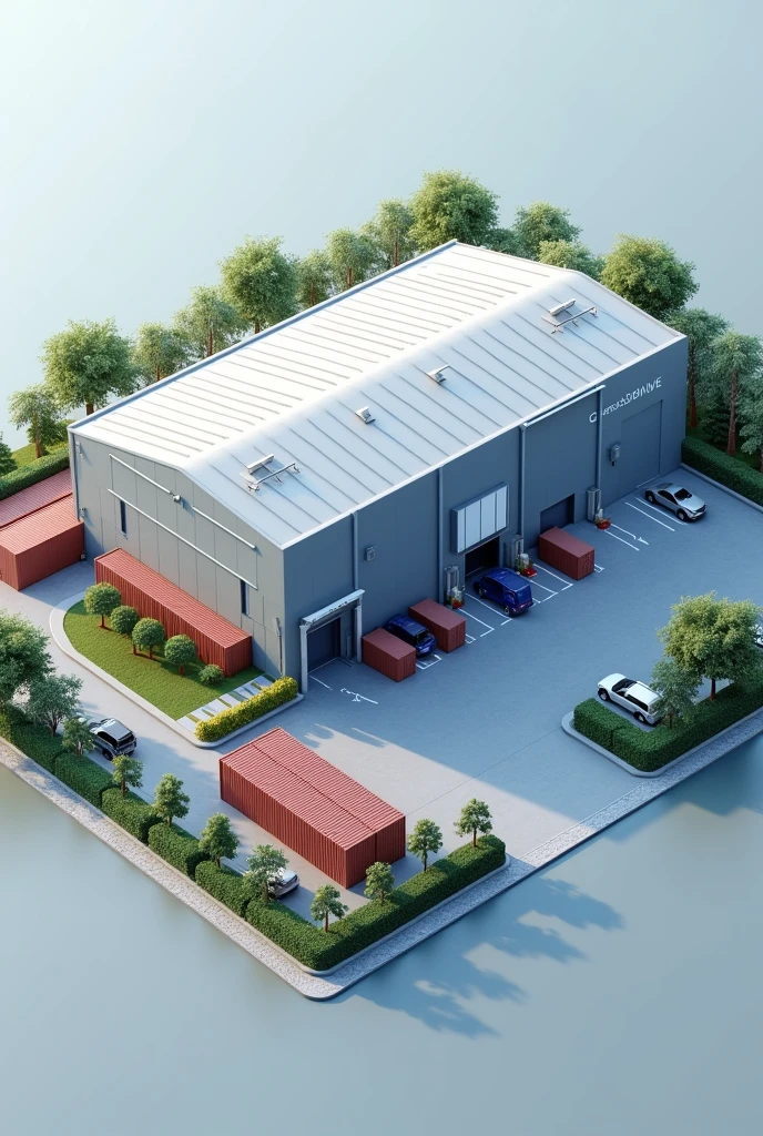 Image model of a warehouse with an exterior view from above that has a Reception Door to the south and a Dispatch door to the west. Type of dynamic storage system with exterior space for a container yard (at least 10) and exclusive parking area 