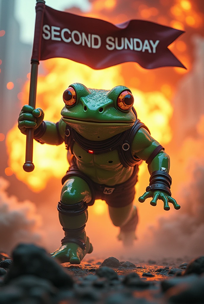 Cyberpunk Ingress enlightened frog agent, explosion background, charging forward, holding landscape flag that says SECOND SUNDAY