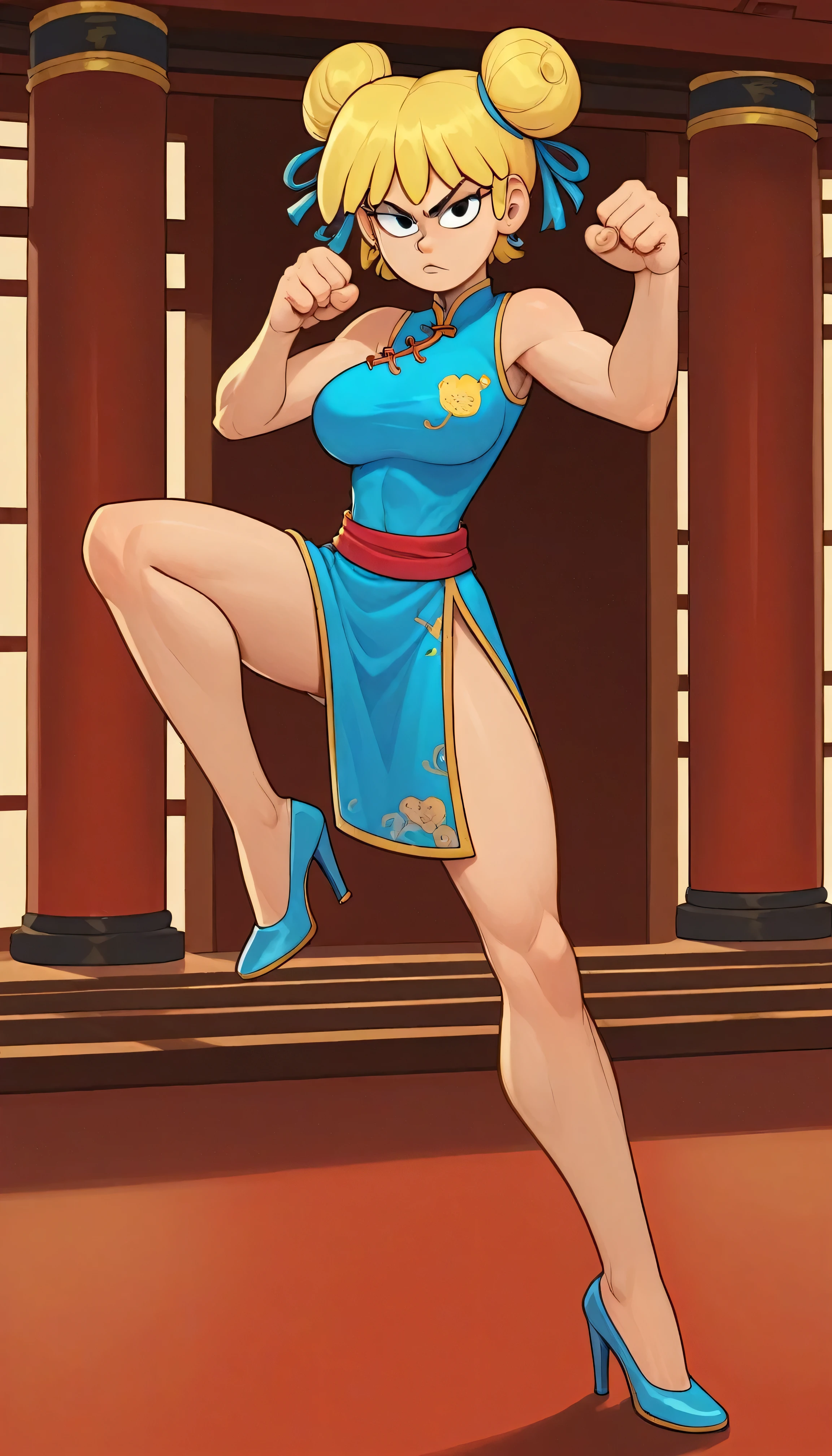 lori loud, 1girl, solo, 24yo girl, blue cheongsam,  inside of a chinese style temple, large breasts, looking at viewer, blonde hair, short hair, two hair buns , hands  score_9, score_8_up, score_7_up, high heels,teep fighting stance,martial arts