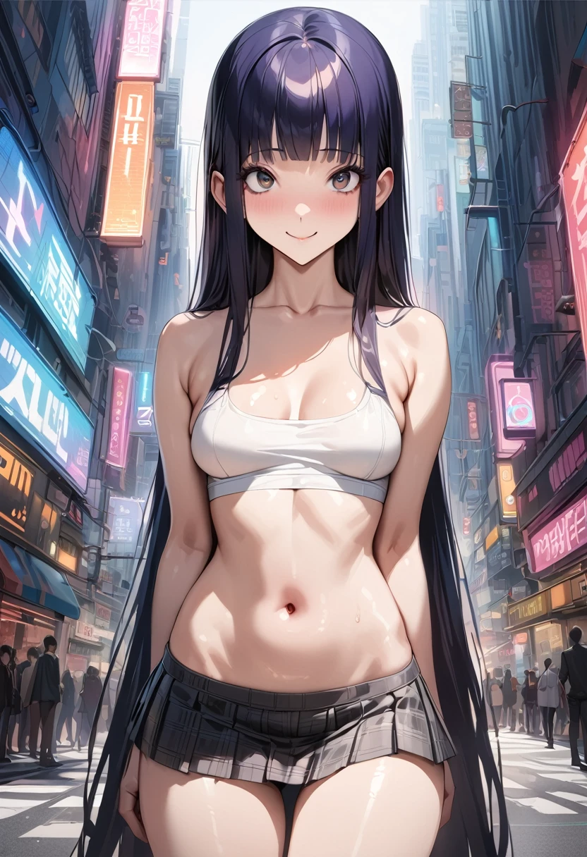 ((masterpiece,best quality anime,Highest quality:1.3)),realistic,cowboy shot,1woman,独奏,(30 year old beauty),((very small head:1.4)),((very long body:1.4)),(dark blue hair),straight long hair,(gorgeous big eyes),black eyes,smile,((slender body:1.4,skinny)),medium breasts,(Pleated mini skirt with a dark blue plaid pattern、White tube top shirt、navel) ,oily skin:1.2,gleaming skin,shiny skin, bustling street、Cyberpunk World、