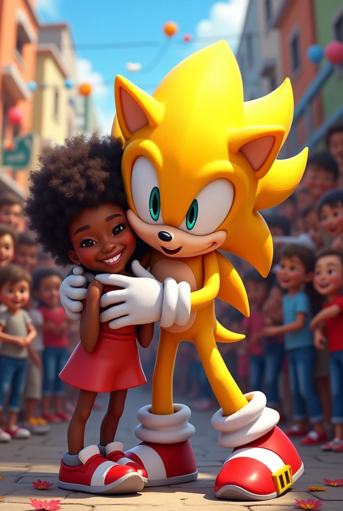 Yellow Sonic hugging with adults and young people