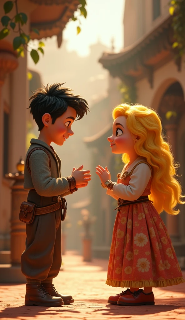 A poor handsome guy propose to a rich arrogant girl with yellow hair, pixar style, cinematic, masterpiece, high-aesthetic 