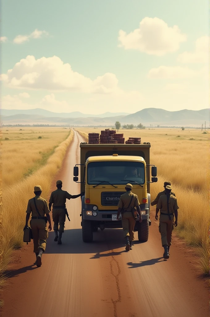 Zambia soldiers escorting the truck which is Caring some bible from Mongu to Lealui in historical plain of barotseland use a good road and show the plain in which the road is passing 