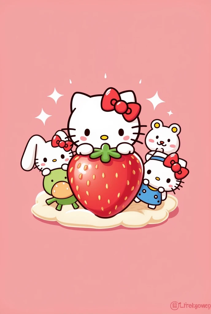 Generate a logo in which characters from the adventures of Hello Kitty appear, such as Cinnamorrol,the frog,Kuromi and Hello Kitty to sell strawberries with cream that is in the shape of a round logo and has a pink background