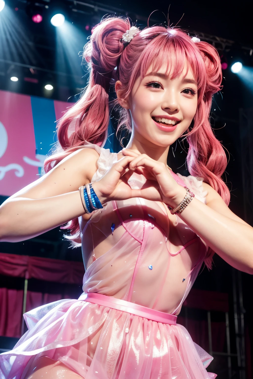 realistic, on the stage of the live music club, pose with heart shaped hands, brightly lit by spotlights on the stage, extremely bright lighting, wearing pink-colored costume like an cuty idol, a little exposed a chest, side pigtail hairstyle, very vivid pink hair, hair is blowing in the wind, hair is shaggy and dishevelled, beautiful white-colored translucent skin and face, sweat splashes, glamorous figure, heavy and vivid makeup, small nose, smooth shaped jawline, glossy face, heavy flushed cheeks, big smile, close-up shot