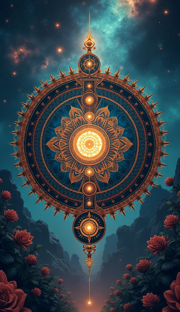 Aesthetic High definition 4k wallpaper based on colorful, detailed and elaborated illustrated ambigram of vedic symbols in Indian and gothic combined style and circular floral mandala form with an astounding extraterrestrial background