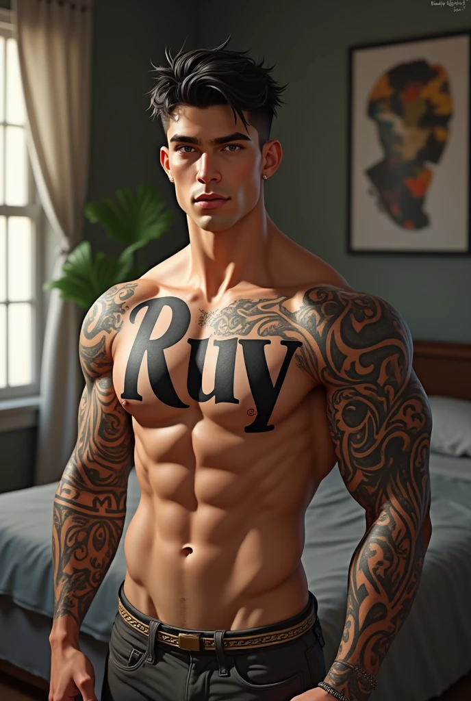 A young man AI high quality muscular strong tattoo “ruy” and other tattoo fair skin light pink mouth with realistic bedroom background