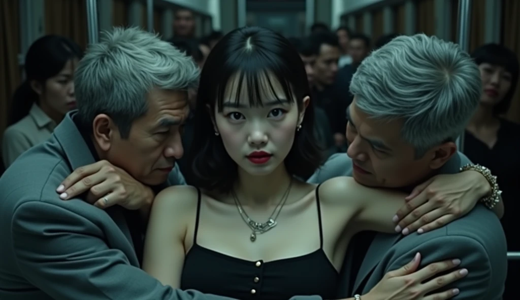 (32K:1.9, Horror depictions:1.9, Highest quality, masterpiece, Ultra-high resolution, Professional random angle camera work:1.5, Very detailedな肌と顔の質感:1.4), Always accurate, Very detailed, bag, (Cute Japanese Woman, Camisole dress and cardigan:1.6, Incredibly slim body:1.3, areola is not visible:1.4, Big breasts on the verge of collapse), ((Crowded train:2.0, Crazy behavior:1.9, in the train、Two middle-aged men hugging a woman from behind:1.7)), belt, Fair skin, elegant, sense of cleanliness, Thin eyebrows, (cry:1.0, Puzzled:1.0, A look that shows deep contempt for you:1.0, Big eyes that exude beautiful eroticism:0.4, Open your mouth a little, lipstick, Feel the beautiful eroticism:1.0, Dark brown medium hair), Earrings, necklace, bracelet, romantic, mysterious, Object of admiration, original, dramatic, artistic, Innovative, charm, Heartful, Fancy, Tilt, sense of loss, special, ((exciting, Extreme, sense of openness, suffering, sufferingの表現)), ((Mistakes of Youth, 女性的なcharm))