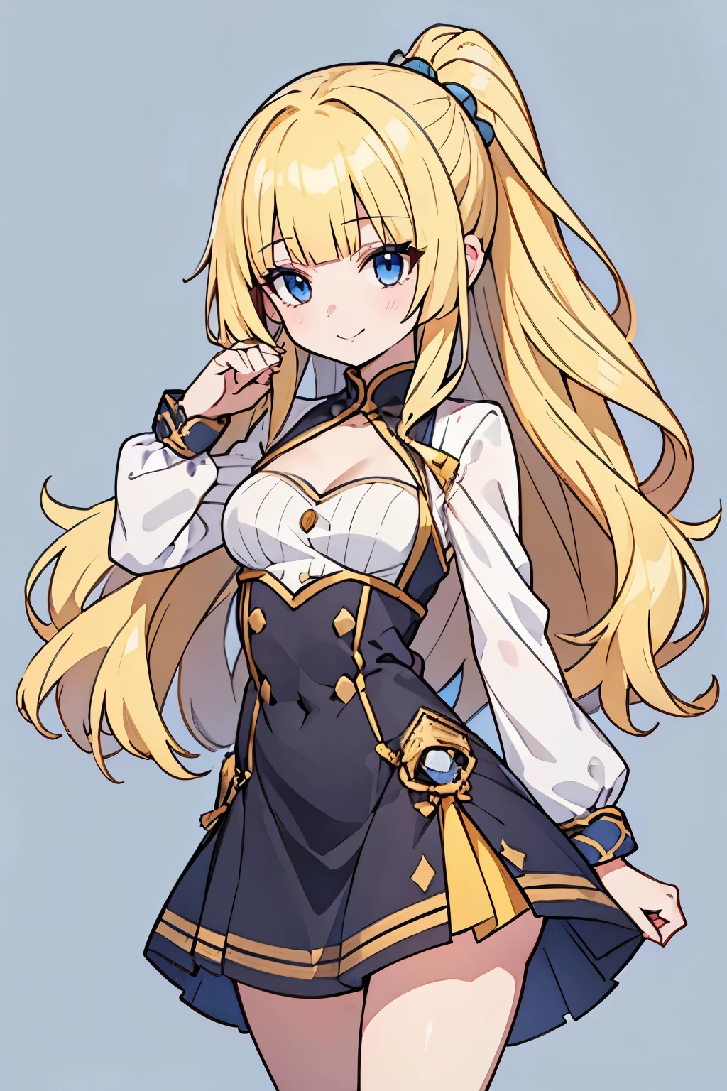 solo girl, (female body:1.4), (small medium breasts), cowboy shot, shy smile, flustered, yellow hair, extra long wavy hair, thick wavy hair, hime cut, very blunt bangs, yellow disheveled hair, light blue eyes, dynamic hairstyle, dynamic posing, various clothing style, cleavage cutout