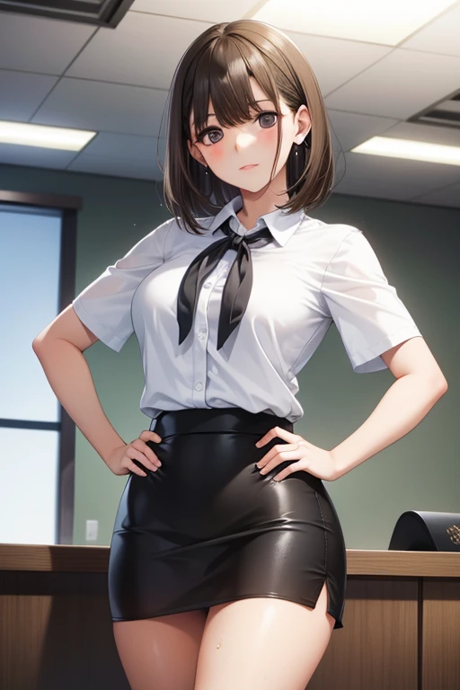 anegasaki nene、Shiny brown hair, short hair, (Beautiful brown eyes、Sparkling eyes, Fine grain)、smile、Super detailedな目、Highly detailed face, Highly detailed eyes,Cowboy Shot、
(masterpiece, Highest quality:1.1), masterpiece, Highest quality, Super detailed, Ultra-high resolution, Highly detailed face,
alone, Japanese women, (((office lady, White blouse))), (((Black short tight skirt))), (((Mid-chest))), ((A little angry)), ((Sweat:1.2)), ((Hands on hips)),