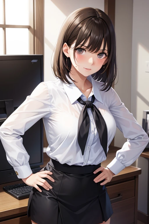anegasaki nene、Shiny brown hair, short hair, (Beautiful brown eyes、Sparkling eyes, Fine grain)、smile、Super detailedな目、Highly detailed face, Highly detailed eyes,Cowboy Shot、
(masterpiece, Highest quality:1.1), masterpiece, Highest quality, Super detailed, Ultra-high resolution, Highly detailed face,
alone, Japanese women, (((office lady, White blouse))), (((Black short tight skirt))), (((Mid-chest))), ((A little angry)), ((Sweat:1.2)), ((Hands on hips)),