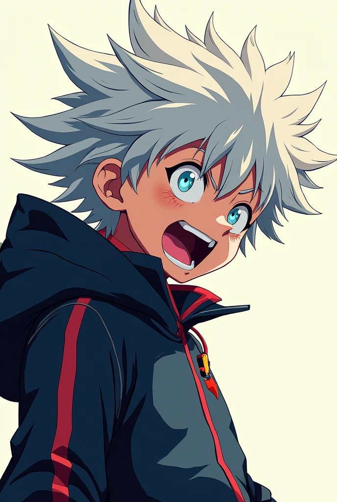 Killua 2D away from the camera "very surprised" "with shining eyes"
