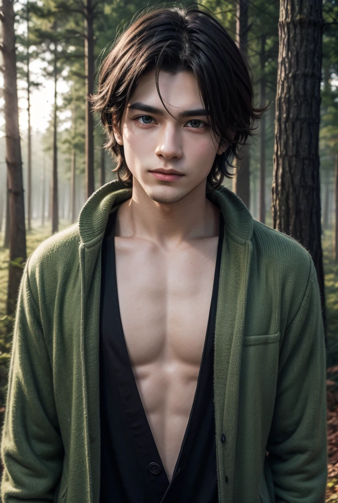 create young adult man with hair, he is wearing torn clothes , He has green eyes, This is in a forest at night hiding behind trees