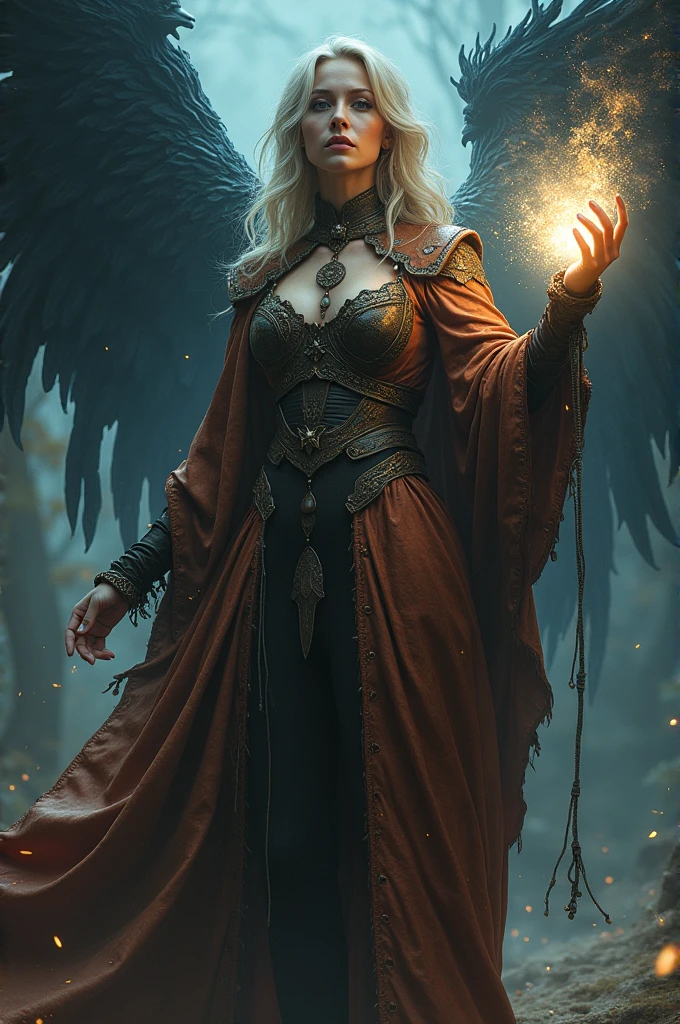 A Woman with a light in her hand and dark energy with phoenix behind him and has a cloak and dress made of leather