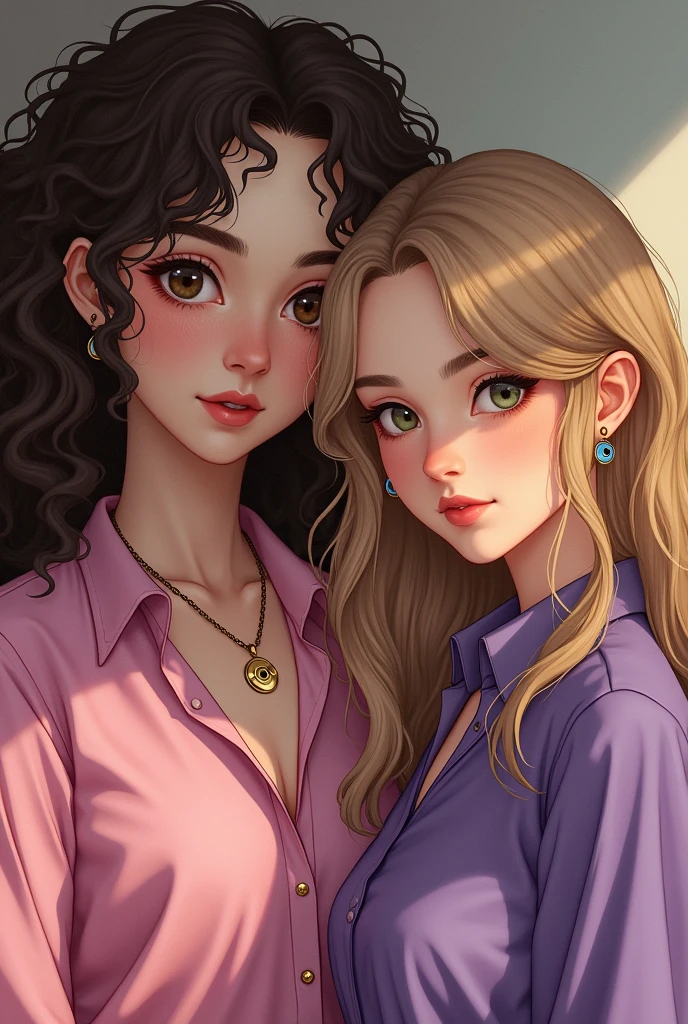 twogirls, a tall white girl, with light brown curly and wavy hair and, brown eyes and using lip gloss, with a golden evil eye necklace, wearing a pink blouse, the other white, with long dark blonde wavy hair, com olhos verdes claros, wearing an earring, wearing a purple blouse