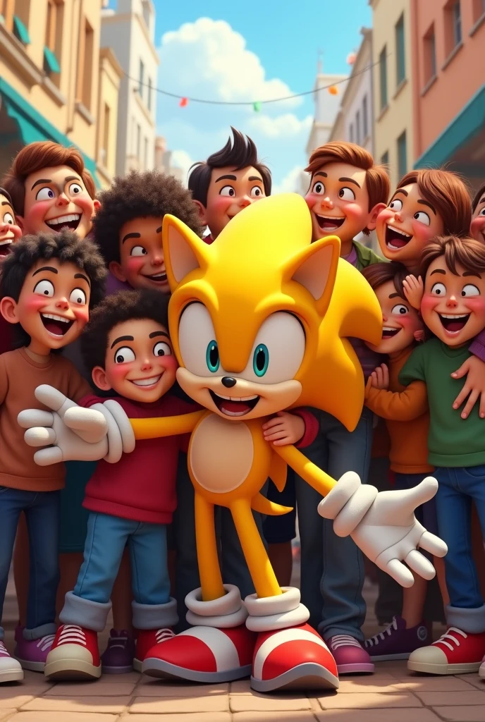 Yellow Sonic hugging with adults and young people