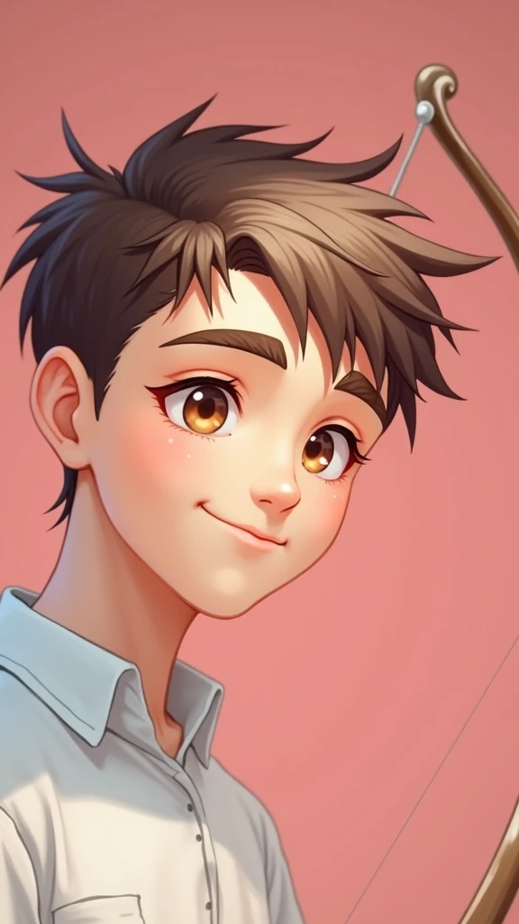 A young adult apprentice archer. Scrawny, Slender and smiling. Charming with a seductive gaze. His clothes fit perfectly to his bow