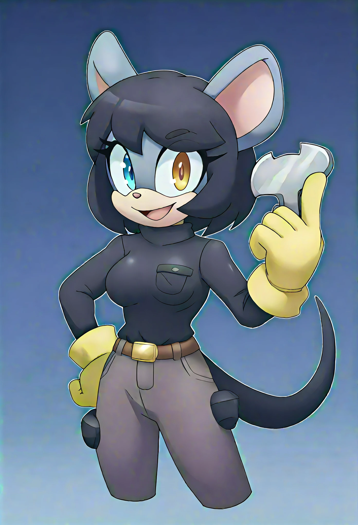 1girl, tail, gloves, solo, jumpsuit, heterochromic eyes, Prismatic Eyes animal ears, hand on own hip, smile, open mouth, breasts, furry female, belt, furry, looking at viewer, Holding a wrench, pocket, arm up, outline, mouse ears, mouse tail, white outline, black hair, short hair, mobian, mobius city, happy, yellow gloves, grey gloves, mouse girl, medium breasts, shirt, animal nose, :d, cropped legs, standing, brown belt