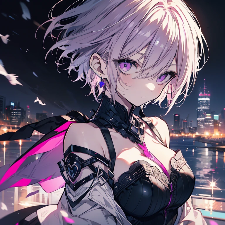 1 person、Mature、Ample breasts、Short Hair、short hair、Light purple hair、Outer Honeycomb Hair、Center Part、Pink Eyes、Slanted Eyes、Boyish、neutral、cool、Black costume、Shoulder Bare、Armament、Moonlit Night、Earrings、Serious face、Downtown、Night view、High resolution、Highest quality、