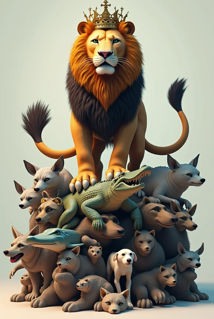 Take a picture of a lion king on top of a dog, alligator, hammerhead shark, wolf and a crown facing down