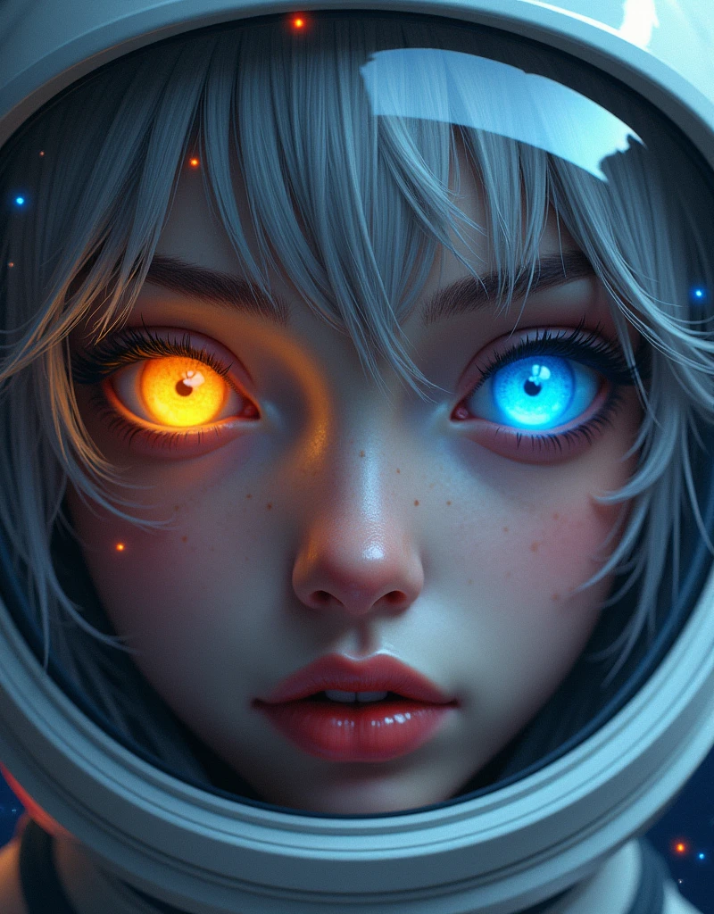 insane (Close-up of a better masterpiece:1.5)0.9], unparalleld (Space and astronauts:1.2) (Messy silver hair:1.1) (Heterochromia xanthochromia and blue eyes:1.2) (Space Helmet:1.0) (Colored stars in the eyes:1.0) (A radiant glow:1.1) (thick lips:0.9)