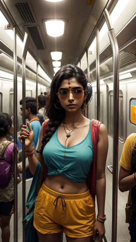 photo of a Indian woman wearing top and shorts, sun glasses and ear phones, symbolizing zombie apocalypse , vibrant colours, zombie are flying around, surreal and standing in Subway 