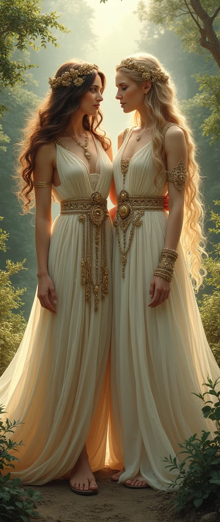 とても美しい二人の処女神のwhole body画像, Brown-haired Artemis in Greek costume, Blonde Freyja in Nordic costume, whole body