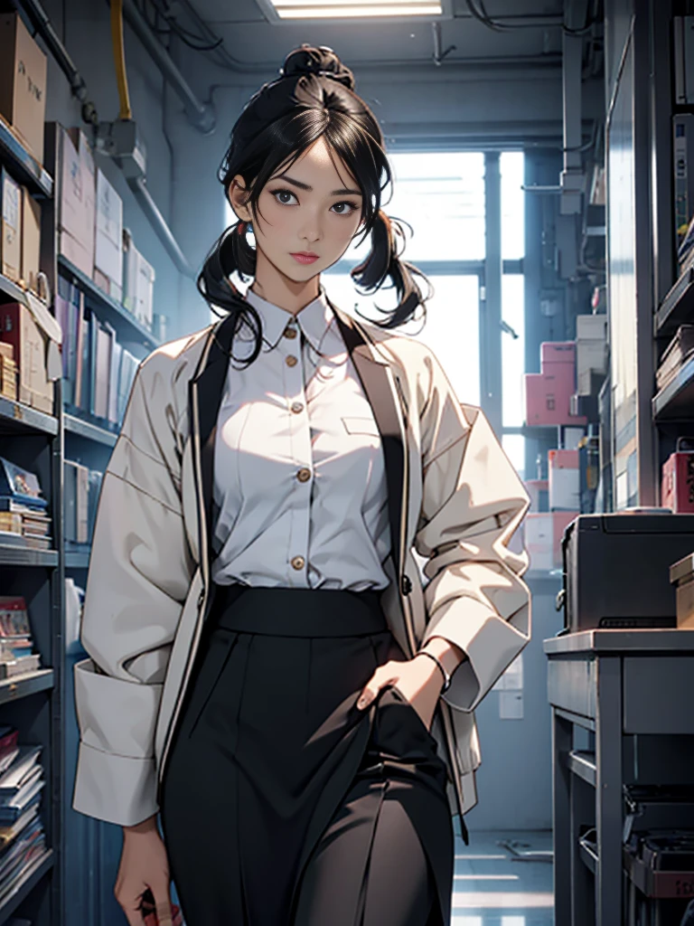 One adult woman with narrow eyes,career woman,Office Lady,pants suit,Jacket,ribbon,Tight skirt,pumps,lawyer,cool,gauze, Chanel,Forehead,Anatomically correct, accurate, masterpiece, Highest quality, Winner of numerous awards, Textured skin, retina, retina, Black Hair, Half-up hairstyle, solemn, Column Lineup,Cinematic light effects, Anime Style, Japanese illustration style, Half-up hairstyle, Very adult